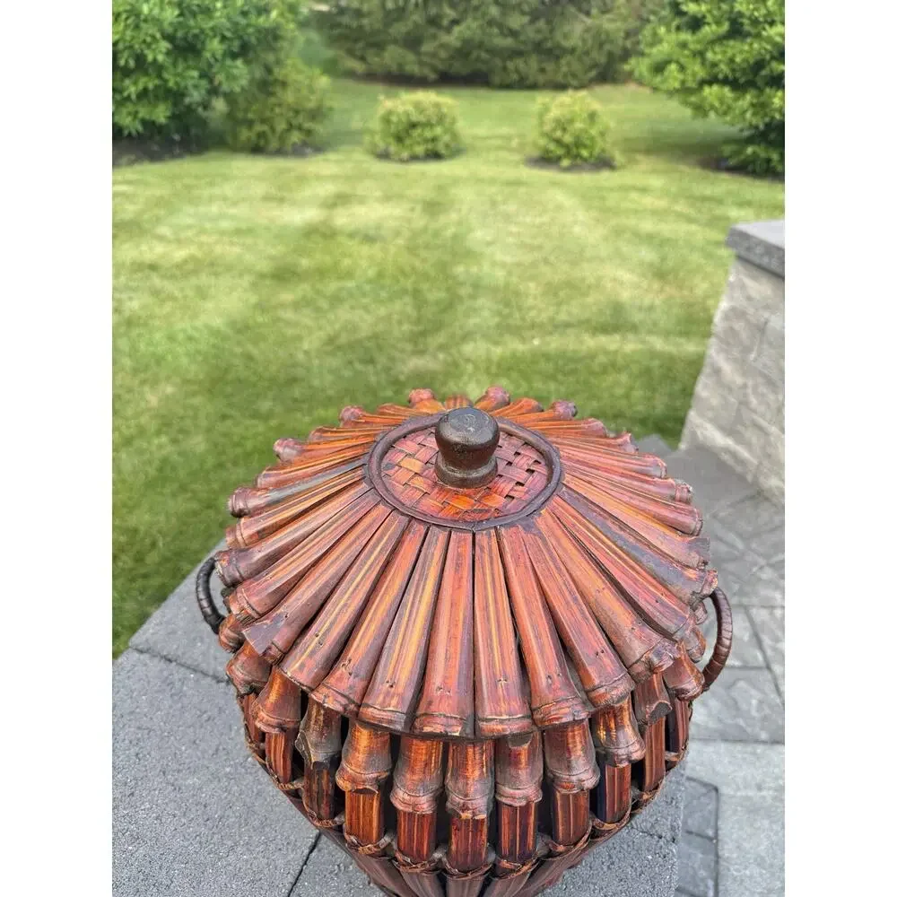 Large Asian Ikebana Bamboo Basket Lidded Woven Tortoise Floor Vase 17
